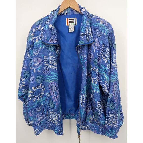 EVR 100% Silk Jacket XL Blue Abstract Pattern Windbreaker Style 90s 80s Retro - Picture 2 of 4